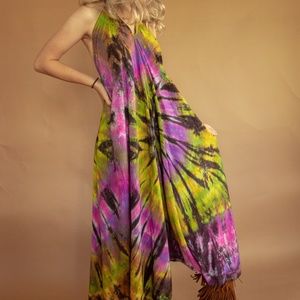 90s does 1969 Woodstock Tie-Dye Halter Trapeze Dress